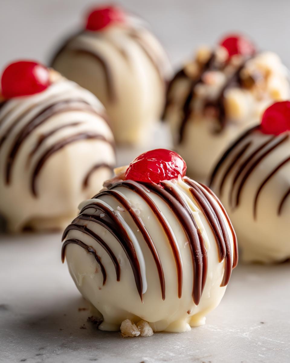 A close-up of a white chocolate Banana Split Truffle topped with a maraschino cherry and drizzled with dark chocolate.