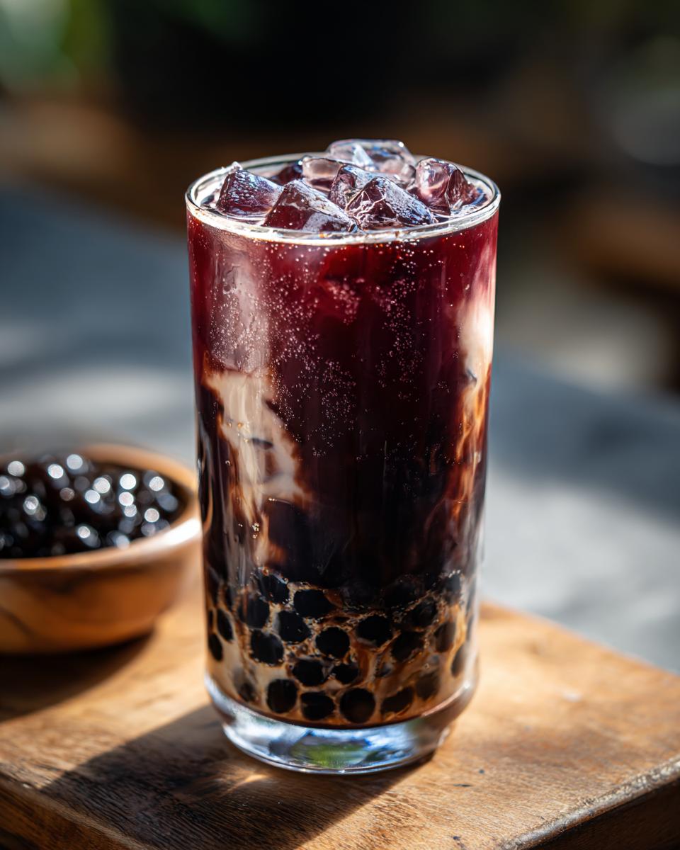 Close-up of a tall glass of Bat Wing Bubble Tea with dark purple liquid, ice, and tapioca pearls at the bottom.