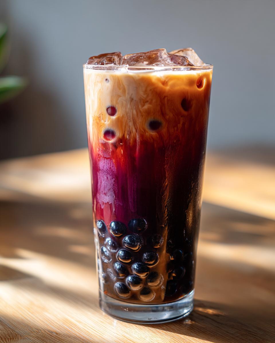 A tall glass of Bat Wing Bubble Tea showing dark tapioca pearls, vibrant purple liquid, and creamy milk swirling over ice.