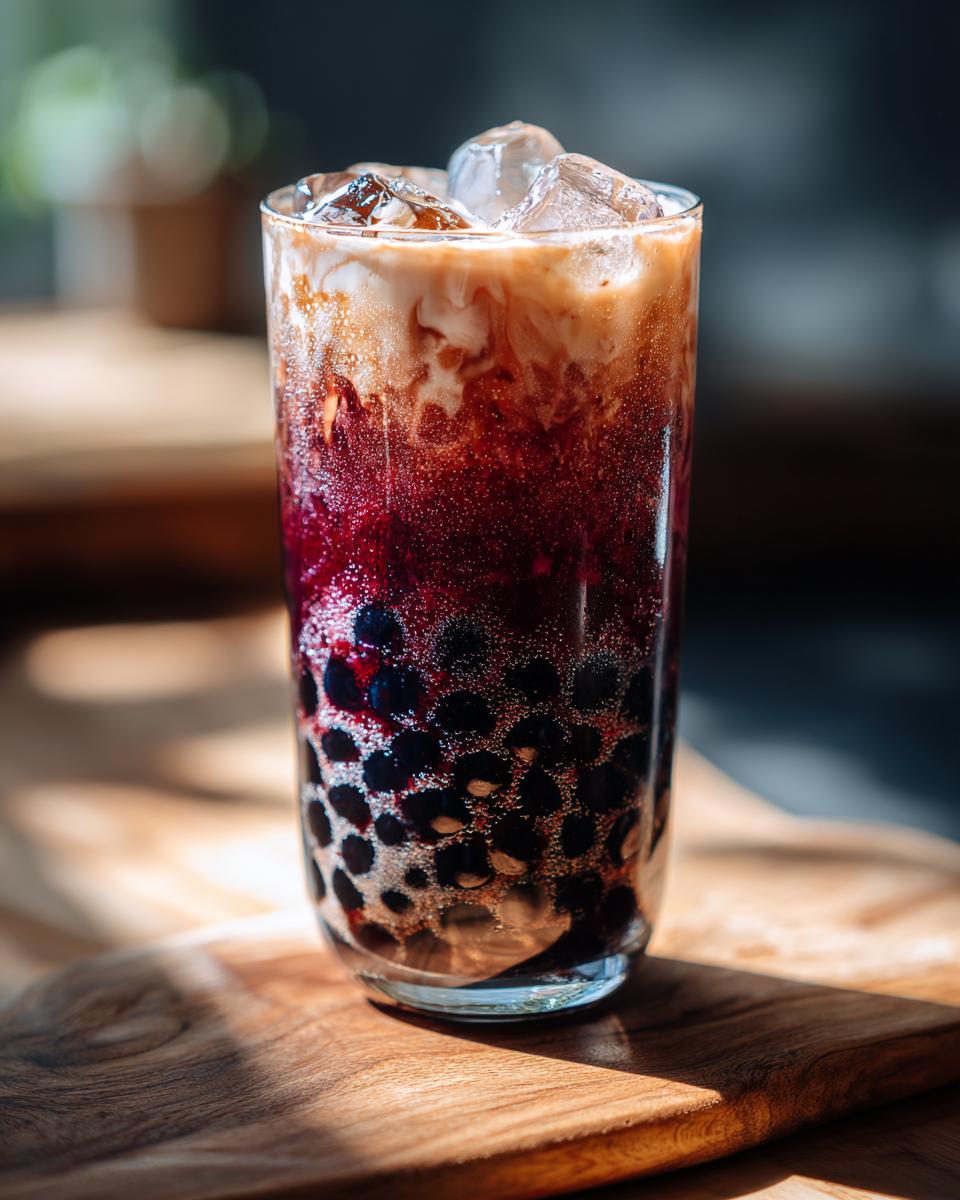 Close-up of a tall glass of Bat Wing Bubble Tea showing dark boba pearls, deep red liquid, and cream swirling on top with ice.