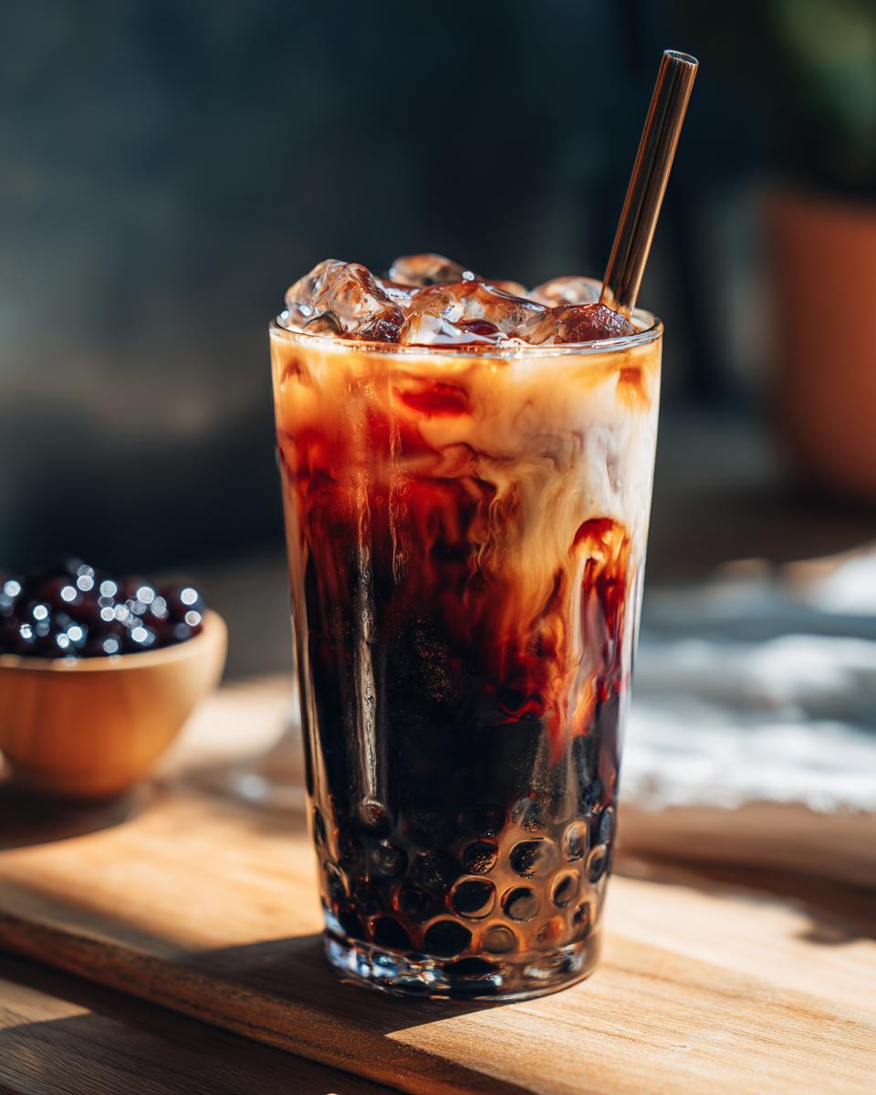 Close-up of a tall glass of Bat Wing Bubble Tea showing dark syrup, swirling cream, ice cubes, and boba pearls at the bottom.