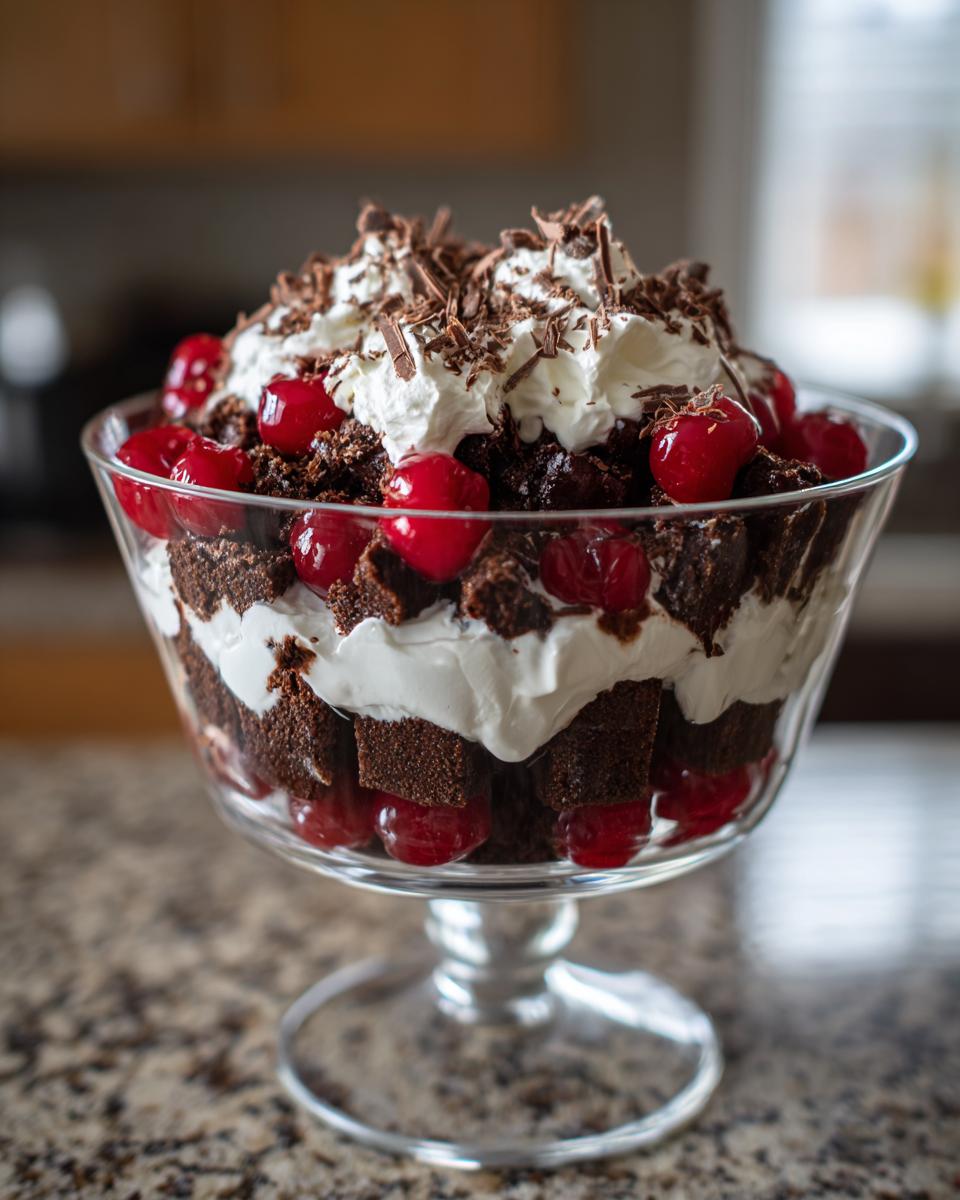 A decadent Black Forest Trifle layered with chocolate cake, whipped cream, and bright red cherries in a glass bowl.