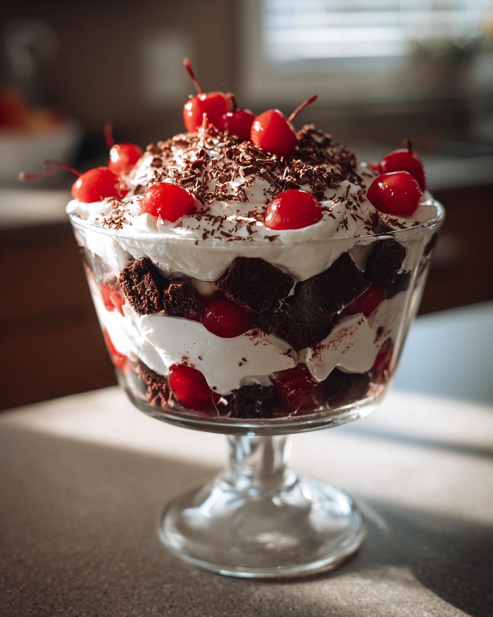 A layered Black Forest Trifle featuring chocolate cake, whipped cream, and bright red cherries in a glass pedestal bowl.