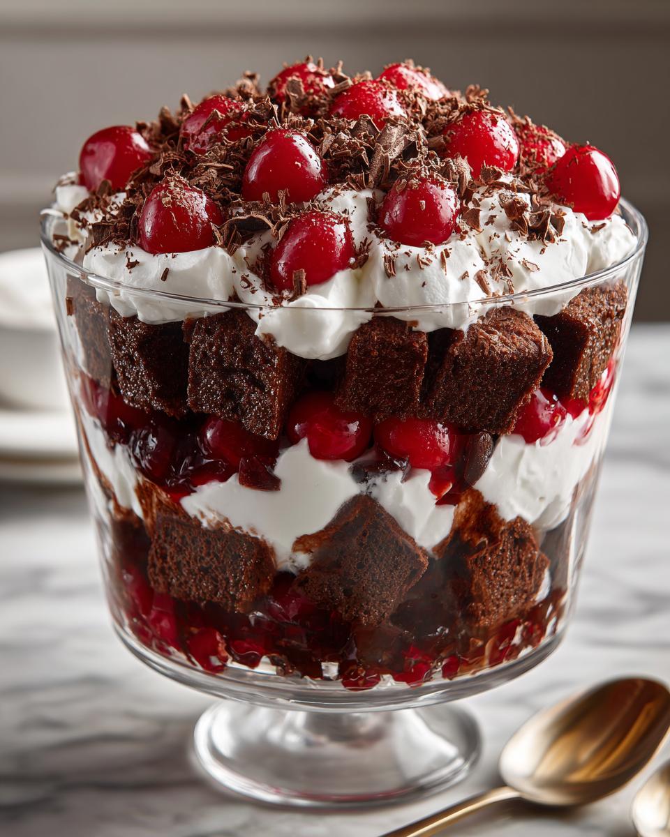 Layers of chocolate cake, whipped cream, and cherries make up this decadent Black Forest Trifle.