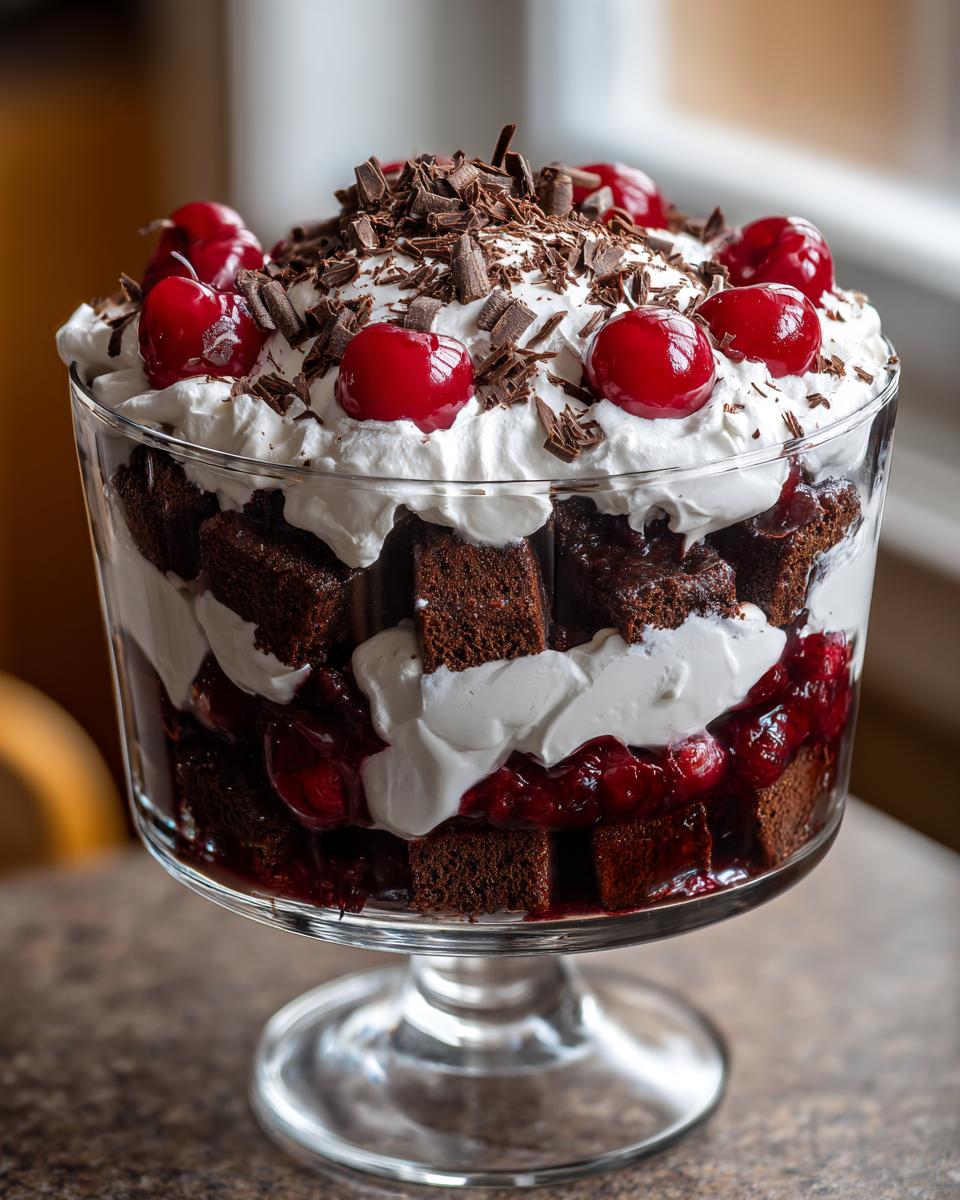 Layers of chocolate cake, whipped cream, and cherries make up this beautiful Black Forest Trifle.