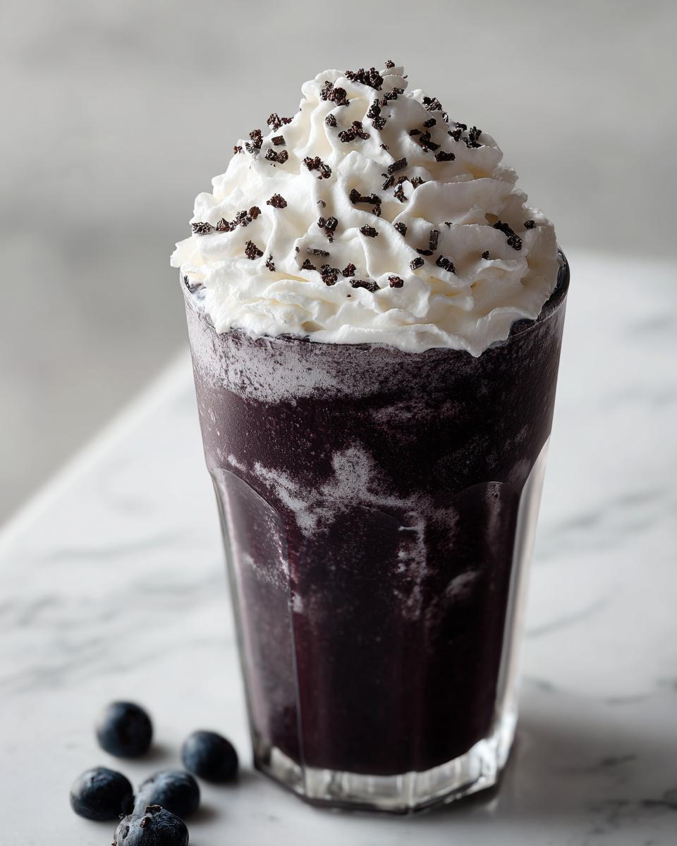 A tall glass filled with a dark purple Black Halloween Milkshake, topped with whipped cream and dark sprinkles.