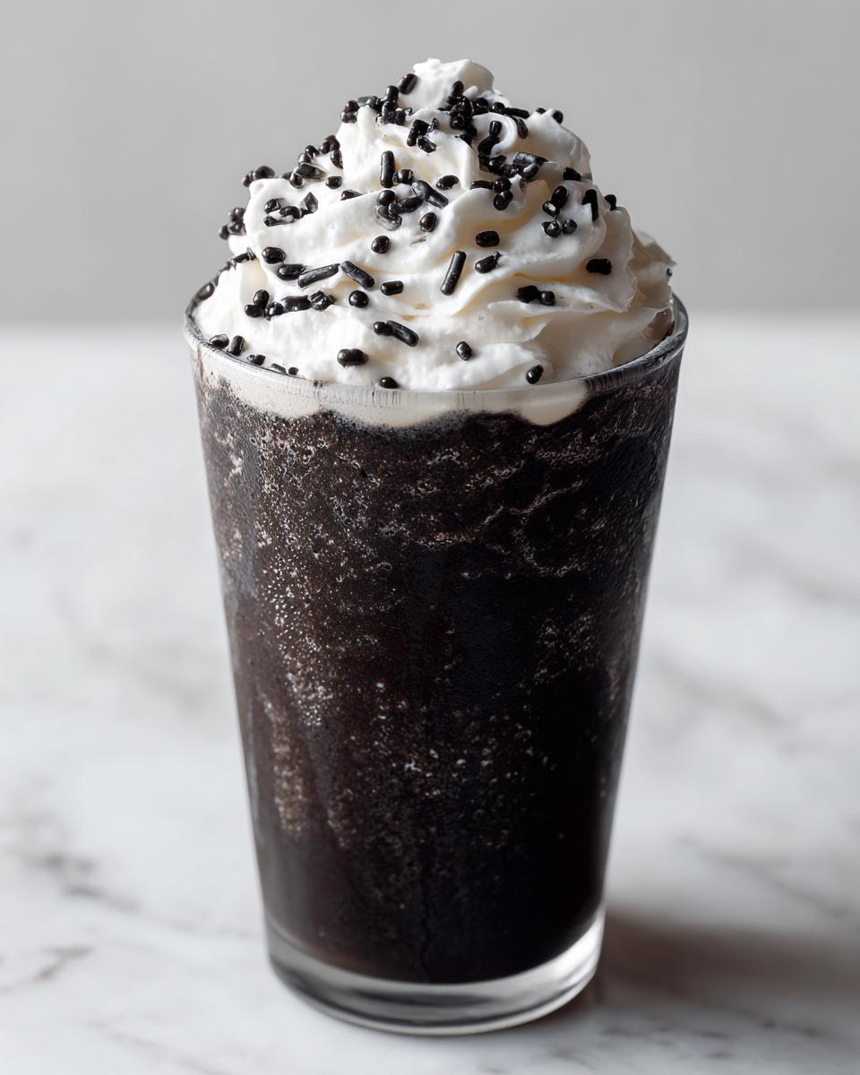A tall glass of dark, frosty Black Halloween Milkshake topped with whipped cream and black sprinkles.