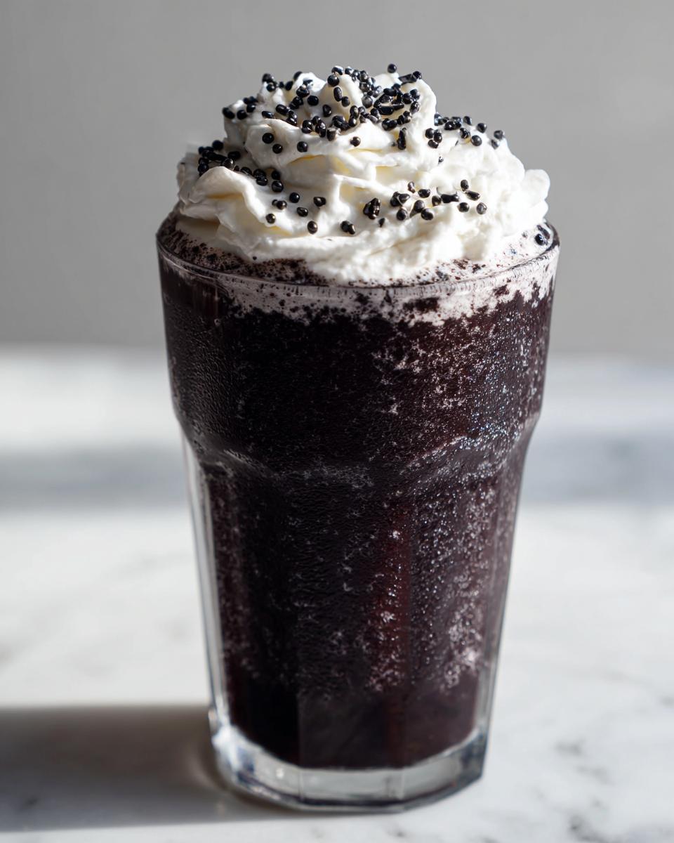 A tall glass of a dark, frosty Black Halloween Milkshake topped with whipped cream and black sprinkles.