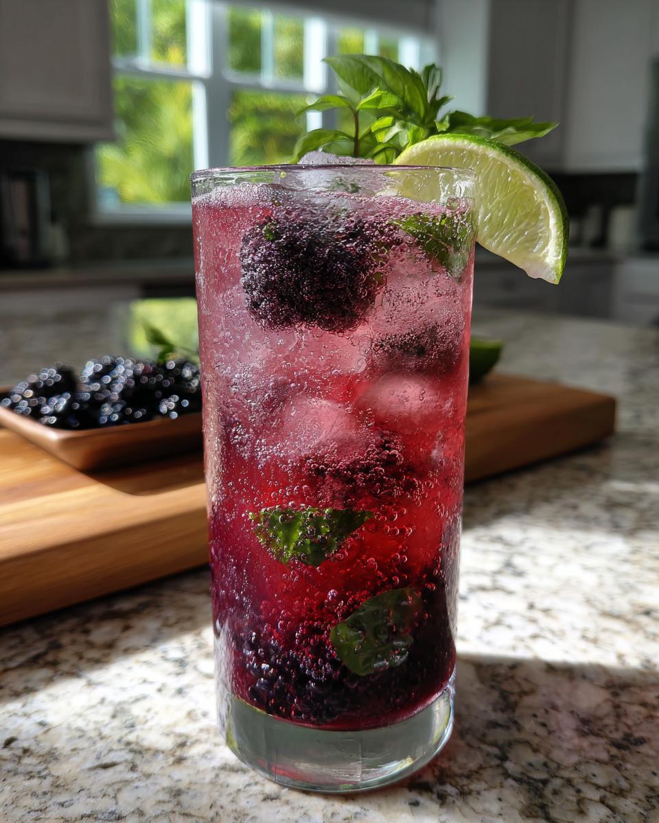 Close-up of a fizzy Blackberry Basil Mocktail garnished with lime and fresh basil.