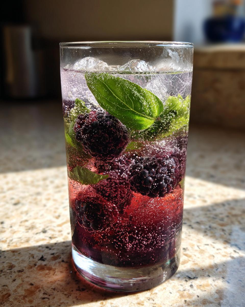Close-up of a tall glass filled with a fizzy Blackberry Basil Mocktail, featuring whole blackberries and fresh basil leaves.