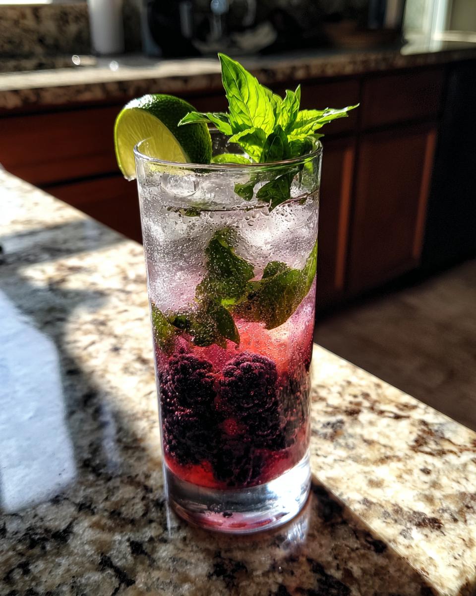 A tall glass of Blackberry Basil Mocktail filled with ice, fresh blackberries, mint, and topped with a lime wheel.