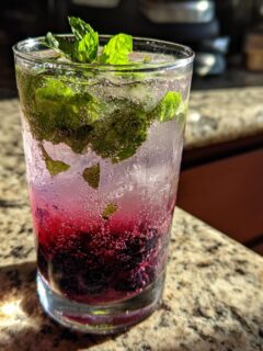 A tall glass of Blackberry Basil Mocktail with muddled blackberries, mint leaves, and sparkling water on a granite counter.