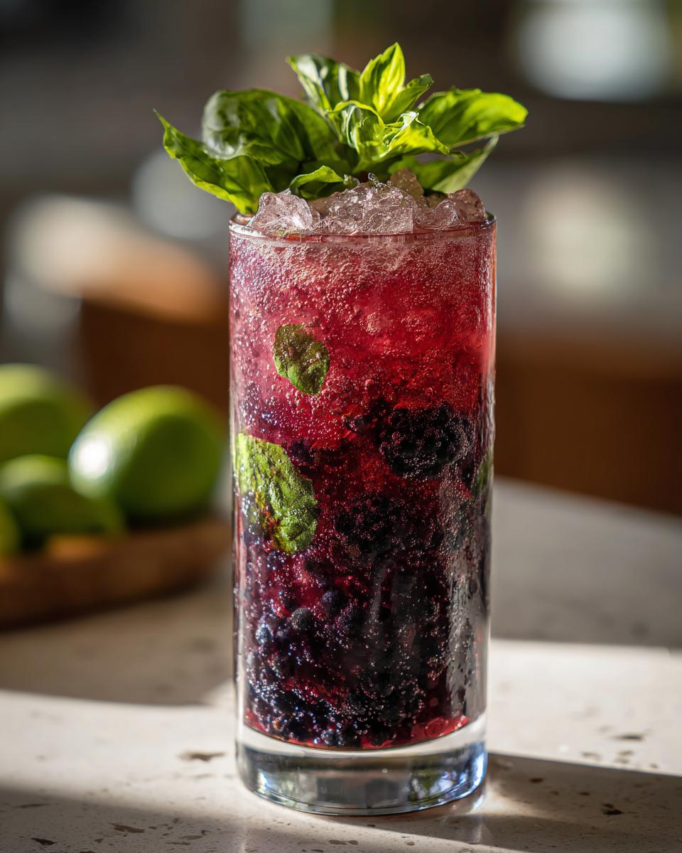 Close-up of a tall glass filled with a vibrant Blackberry Basil Mocktail, layered with fruit and topped with fresh basil.