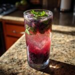 A tall glass filled with a fizzy Blackberry Basil Mocktail, layered with dark berries and topped with fresh mint leaves.