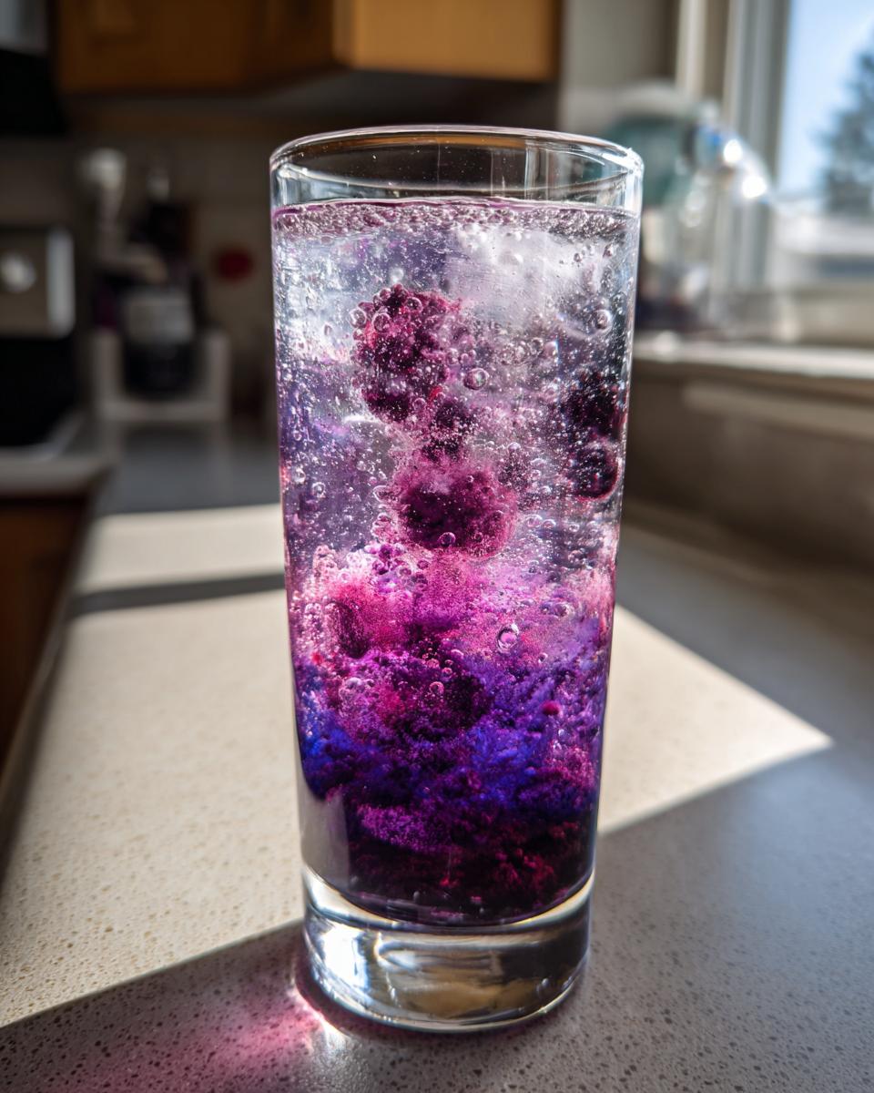 A tall glass filled with Blackberry Spider Soda showing deep purple coloring and many carbonation bubbles around whole blackberries.