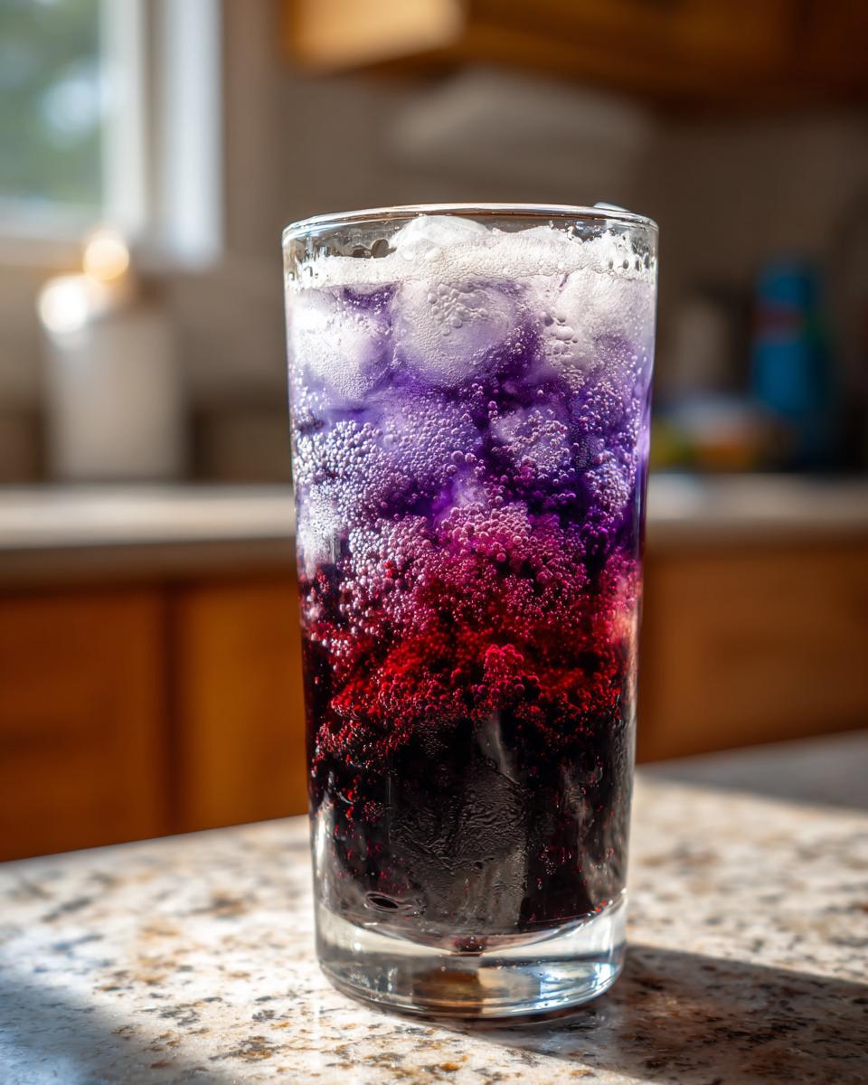 A tall glass filled with bubbling Blackberry Spider Soda showing dramatic color layers from dark purple to bright magenta, topped with ice.