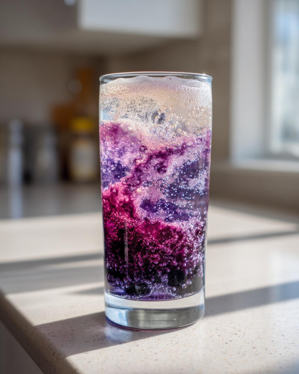 A tall glass showing the swirling purple and pink colors of a Blackberry Spider Soda reacting with bubbles.