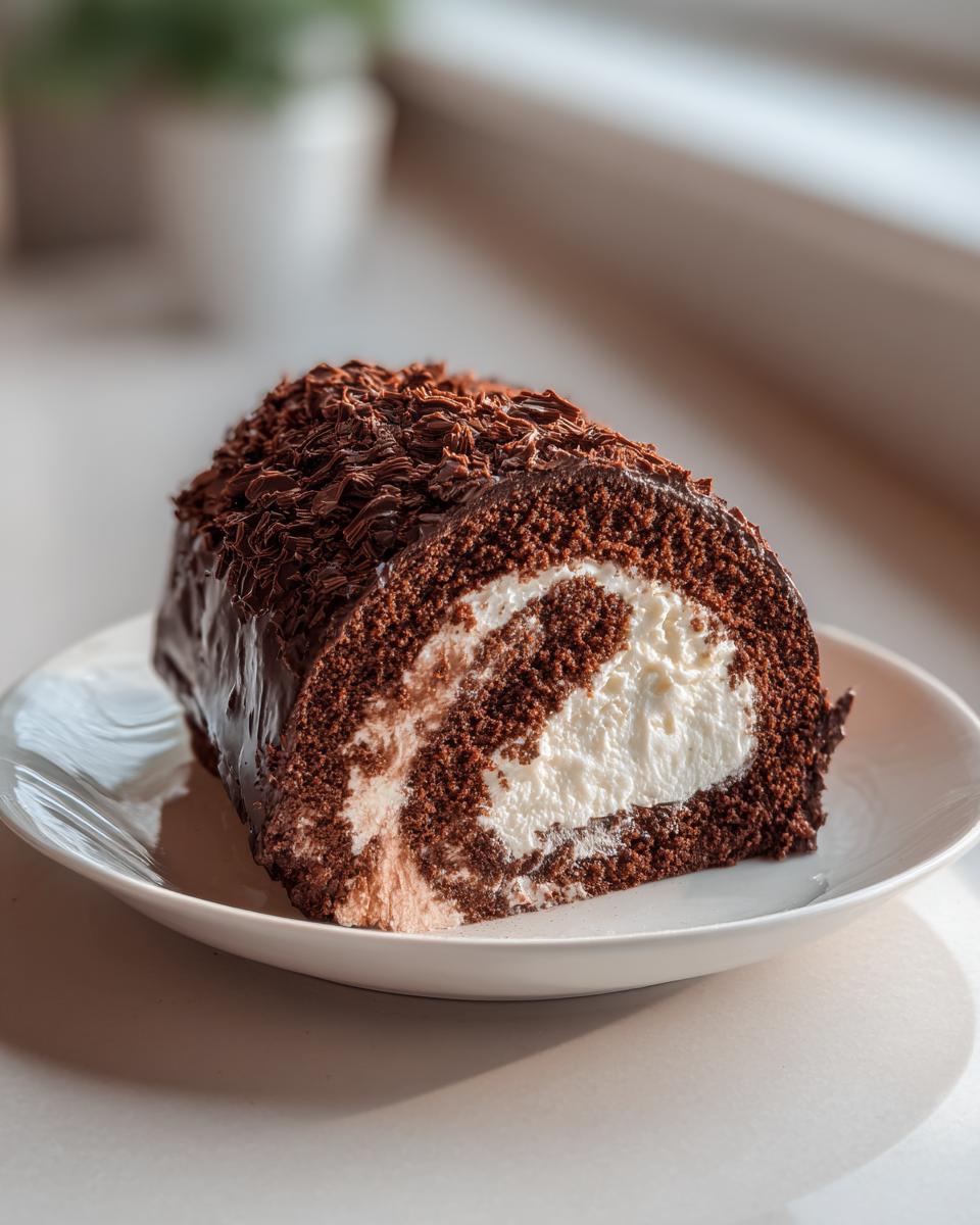 A cross-section slice of a rich chocolate Buche De Noel roll cake filled with white cream and topped with chocolate shavings.