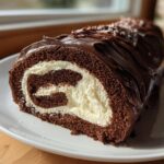 Close-up of a slice of chocolate Buche De Noel rolled cake showing rich dark sponge and white cream filling, covered in ganache.
