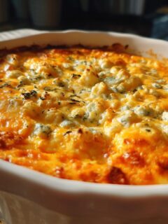 Close-up of a freshly baked Buffalo Bat Nest Dip with a golden-brown, bubbly cheese top and visible blue cheese crumbles.