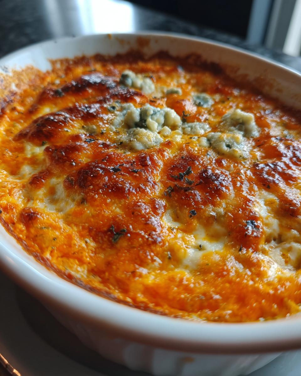 Close-up of bubbling, baked Buffalo Bat Nest Dip topped with melted cheese and blue cheese crumbles.