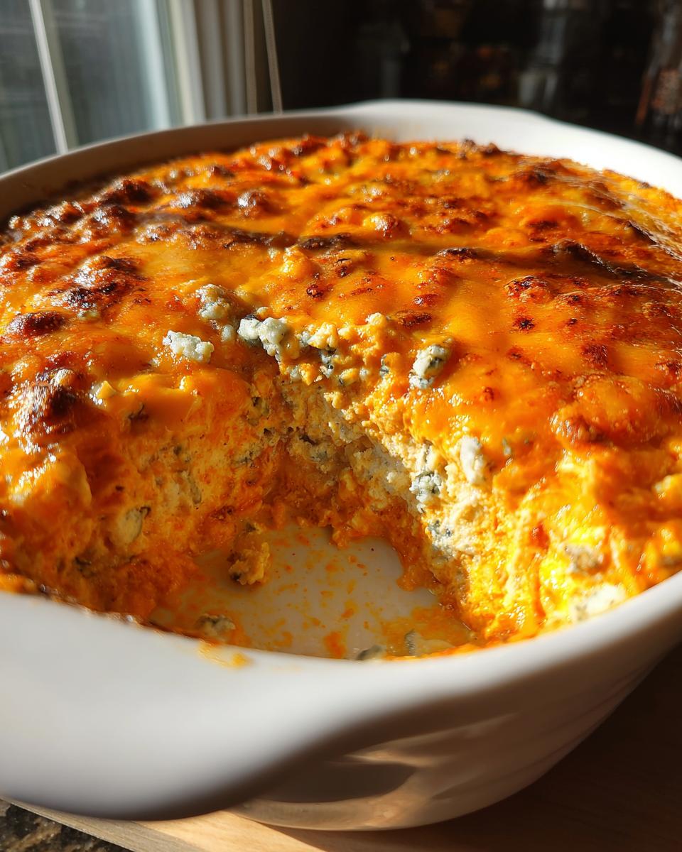 Close-up of hot Buffalo Bat Nest Dip in a white baking dish with a scoop removed, showing the cheesy, orange interior.