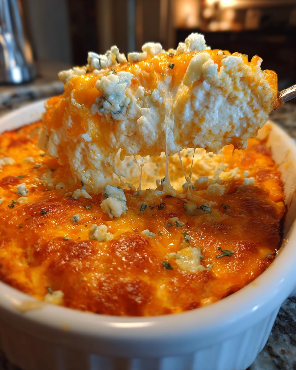 A spoonful of hot, cheesy Buffalo Bat Nest Dip being lifted, showing a dramatic cheese pull and blue cheese crumbles.