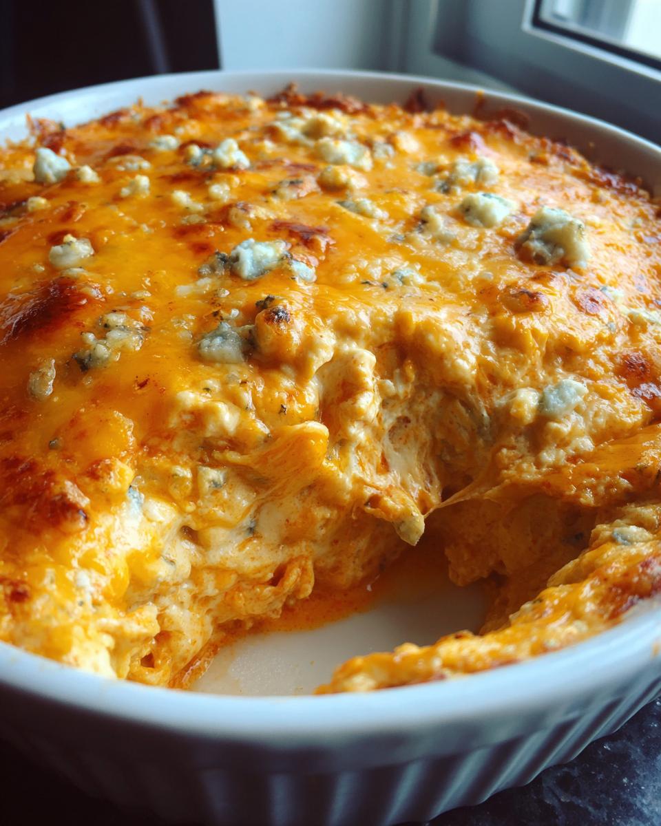 A scoop has been taken out of the hot, cheesy Buffalo Bat Nest Dip, showing the creamy texture and melted cheese topping.