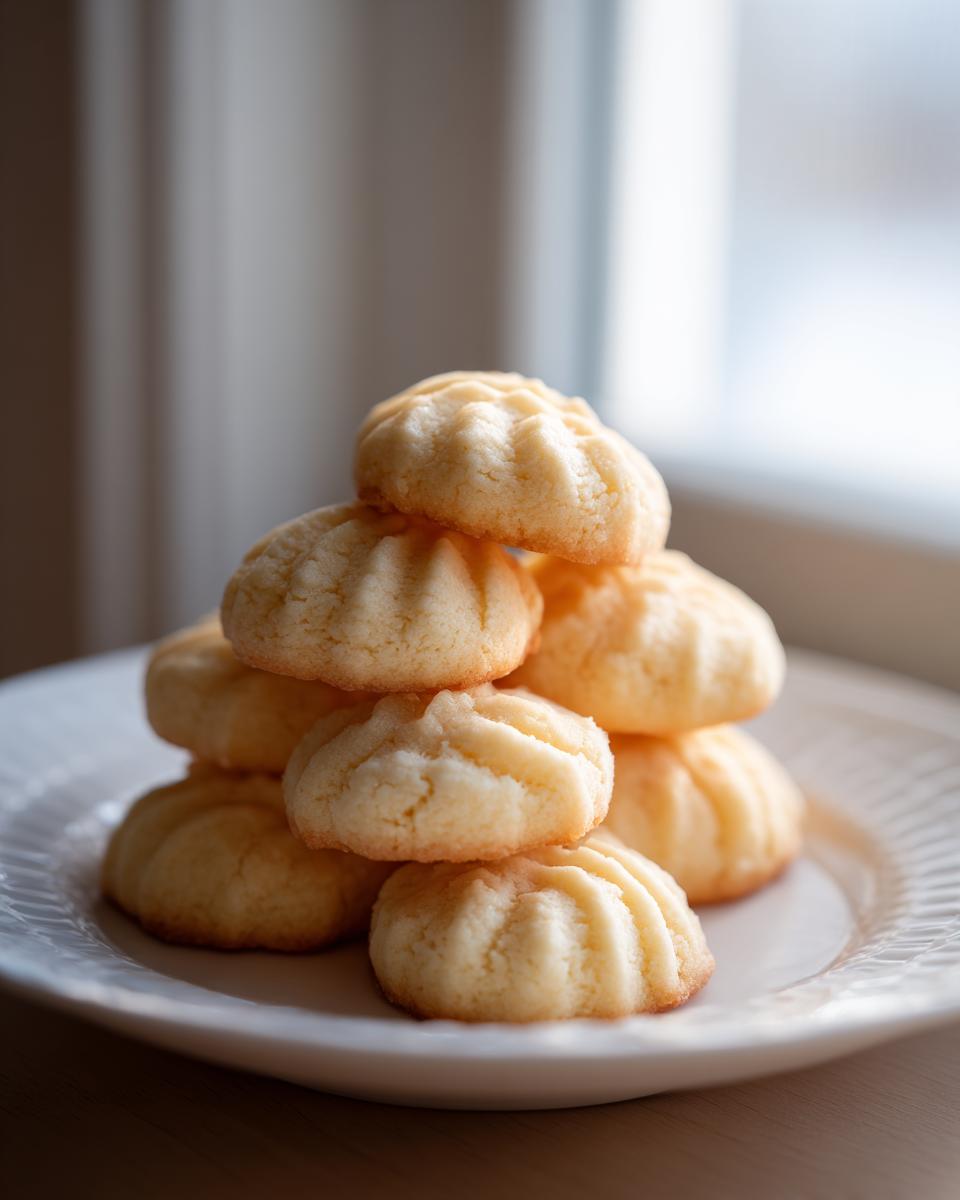 A small stack of golden Buttery Spritz Cookies with ridged tops, presented on a white plate near a bright window.