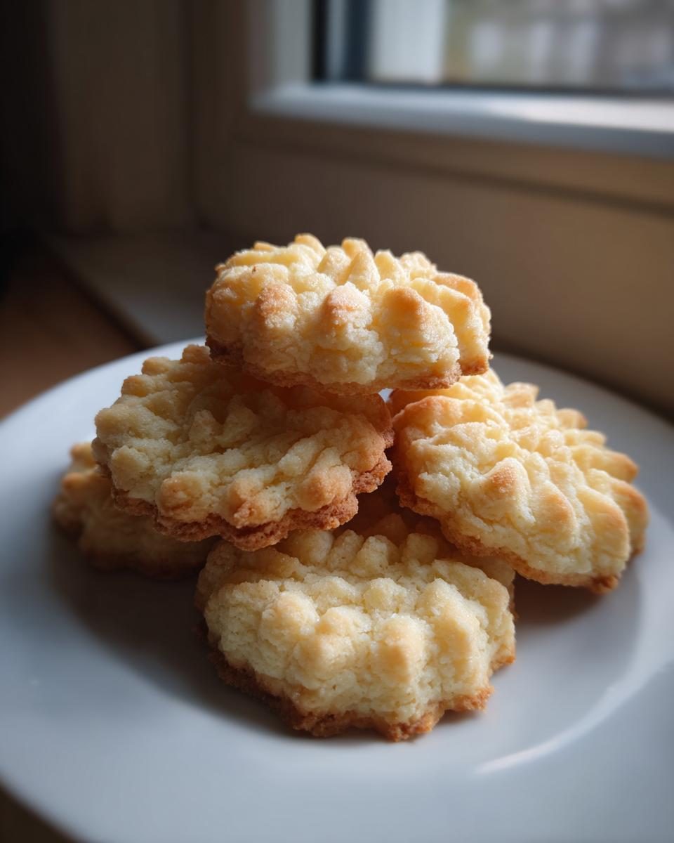 A small stack of golden Buttery Spritz Cookies with ridged edges resting on a white plate near a window.