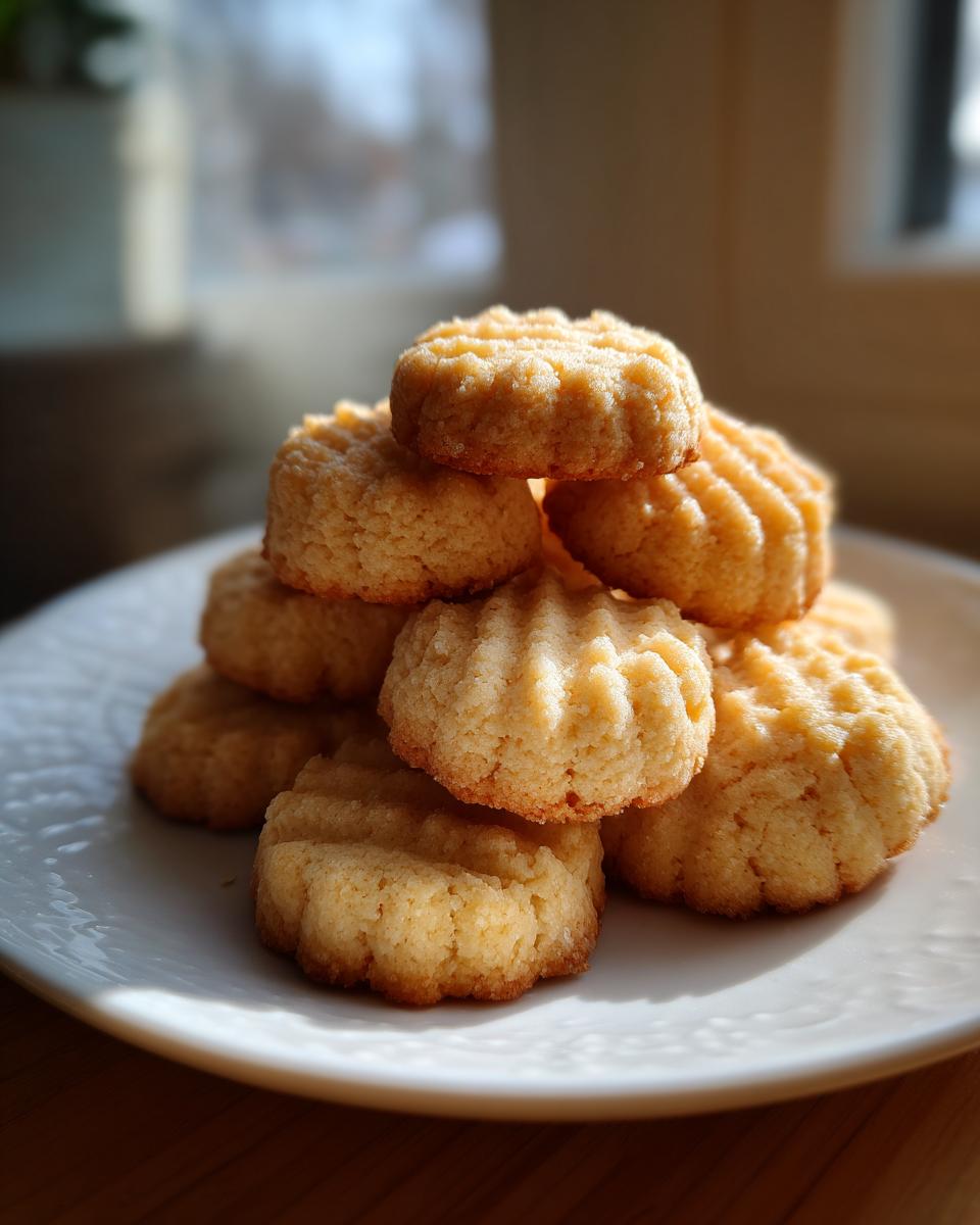 A small stack of golden Buttery Spritz Cookies with ridged tops resting on a white plate.