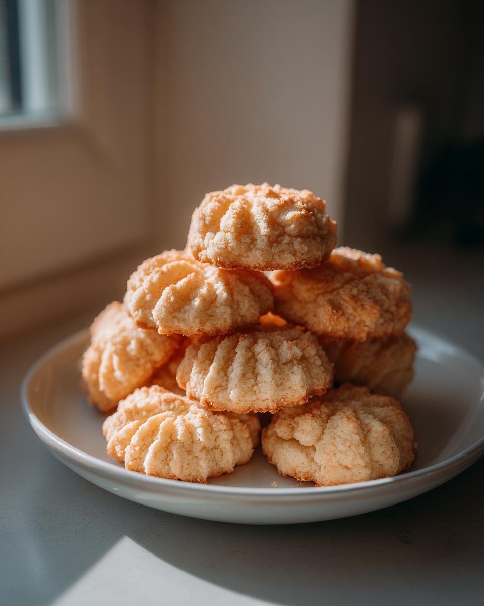 A stack of golden Buttery Spritz Cookies with ridged edges piled high on a small white plate.