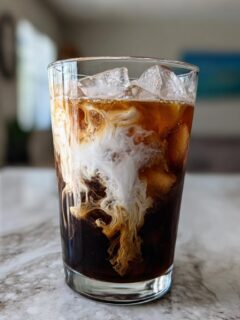 A tall glass of Campfire Cola Dirty Soda with ice cubes and a dramatic swirl of cream mixing into the dark liquid.