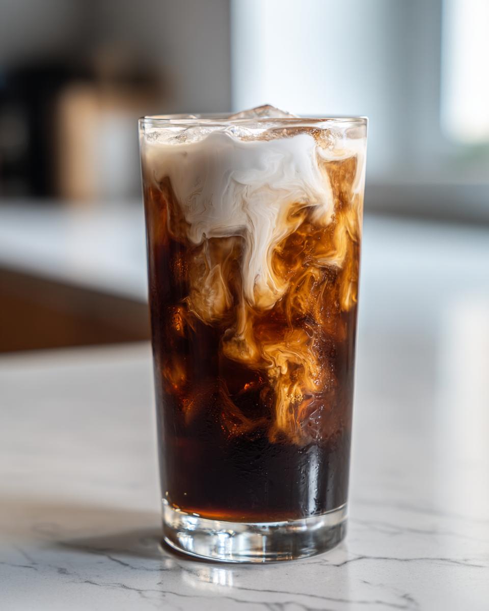 A tall glass of Campfire Cola Dirty Soda with ice, showing rich swirls of cream mixing into the dark cola.