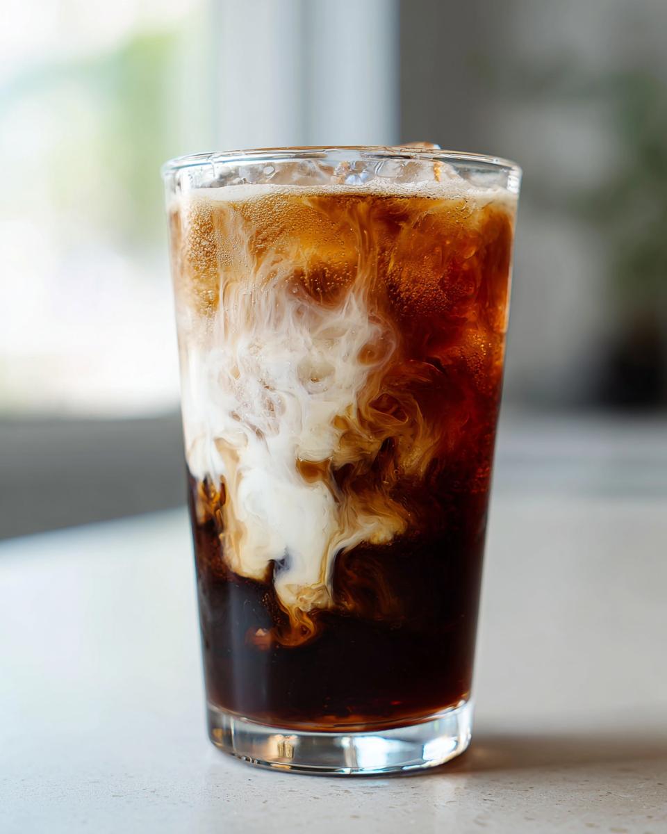 Close-up of a tall glass containing Campfire Cola Dirty Soda with cream swirling dramatically into the dark soda.