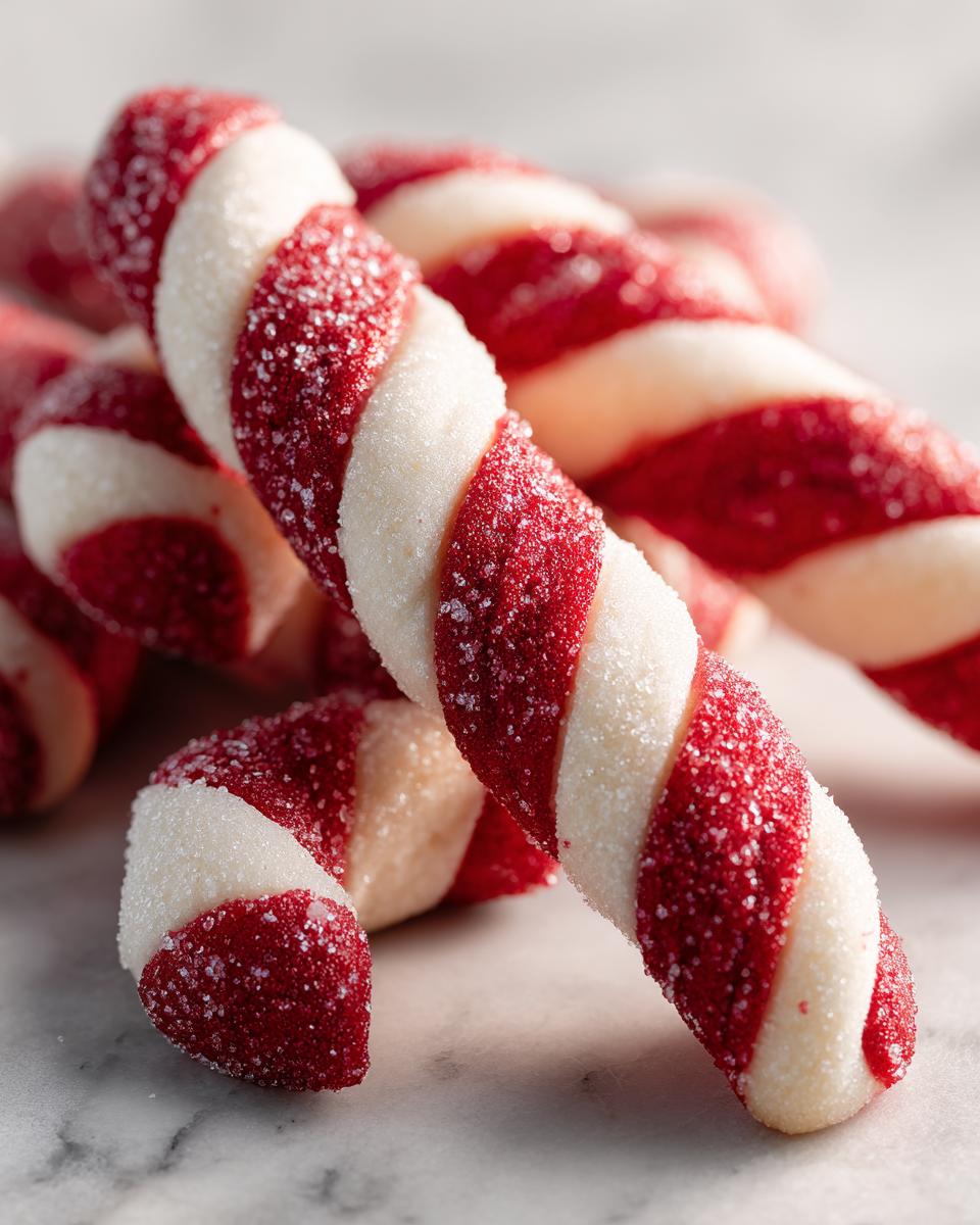 Close-up of twisted red and white Candy Cane Cookies coated in sparkling sugar crystals.