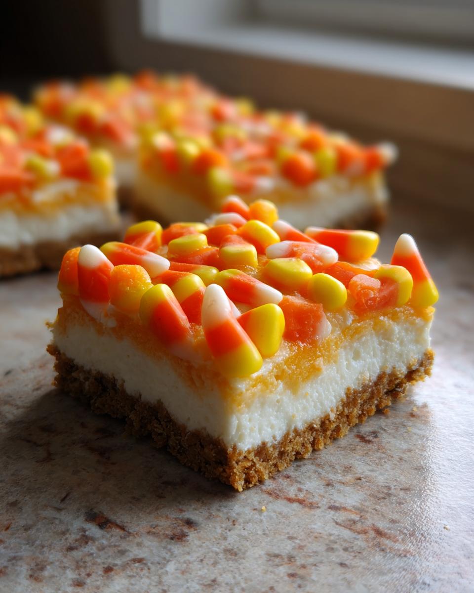 A single square of Candy Corn Cheesecake Bars featuring a graham cracker crust, creamy white layer, and topped generously with candy corn.
