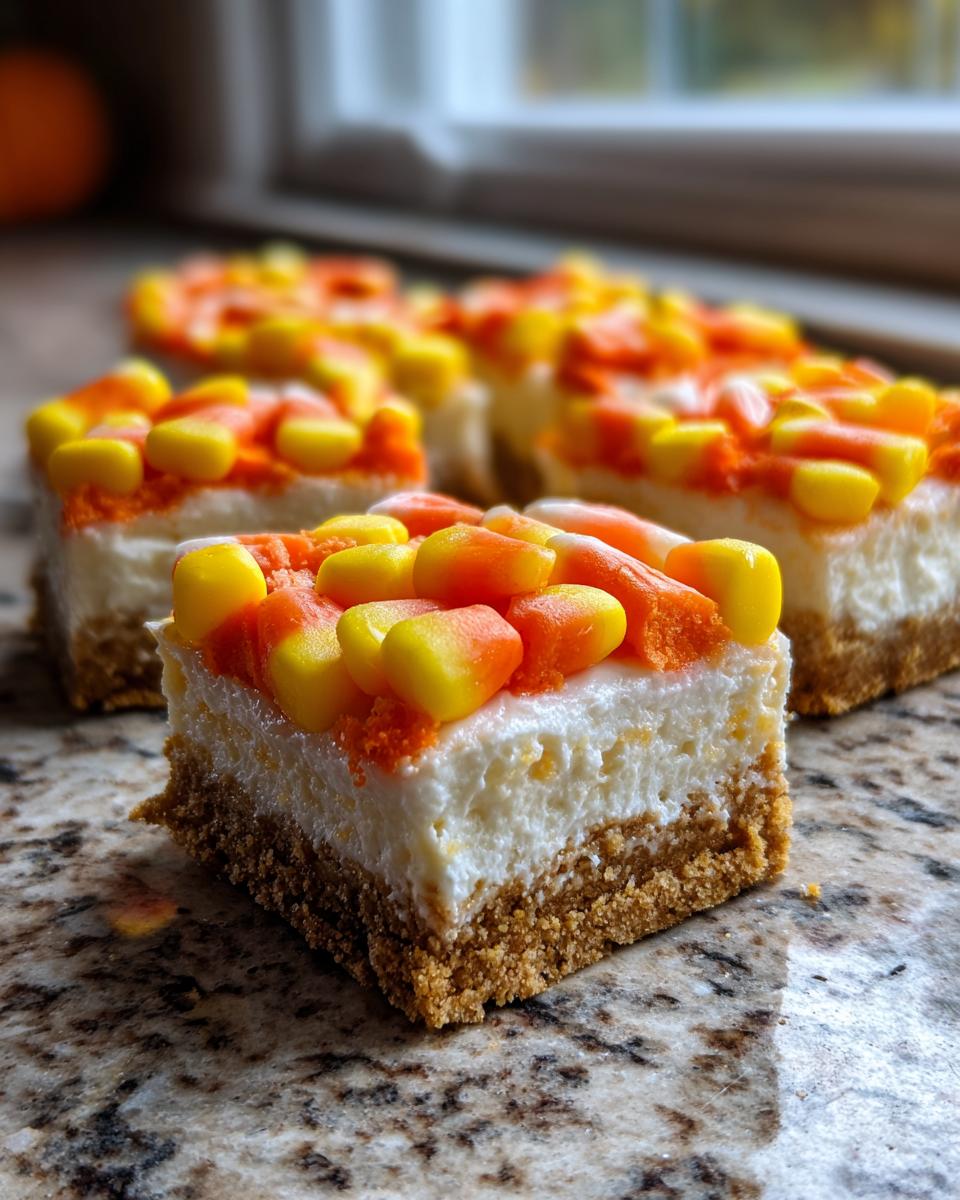 A close-up view of a square slice of Candy Corn Cheesecake Bars showing the graham cracker crust, creamy filling, and candy corn topping.