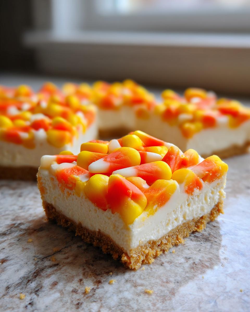 A close-up shot of a thick slice of Candy Corn Cheesecake Bars with a graham cracker crust, topped with candy corn.