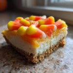 A single square slice of Candy Corn Cheesecake Bars showing a graham cracker crust, creamy filling, and candy corn topping.