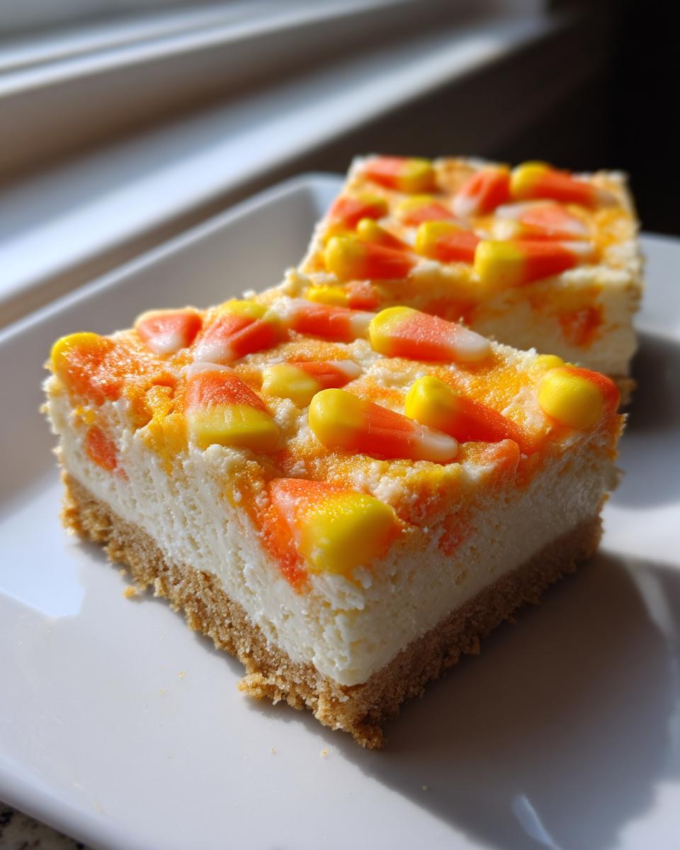 Two slices of rich Candy Corn Cheesecake Bars featuring a graham cracker crust and candy corn topping.