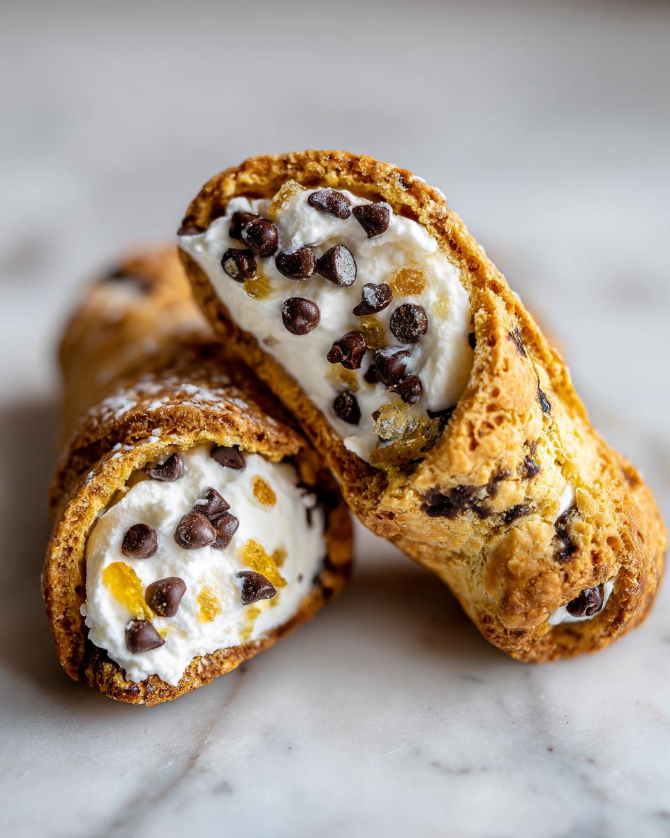 Two halves of a Cannoli Cookies, filled with creamy ricotta, mini chocolate chips, and candied fruit on marble.