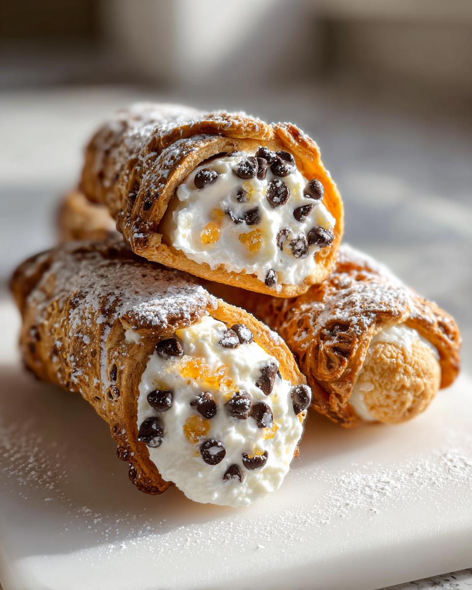 Three delicious Cannoli Cookies filled with sweet ricotta cream, mini chocolate chips, and candied orange peel, dusted with powdered sugar.