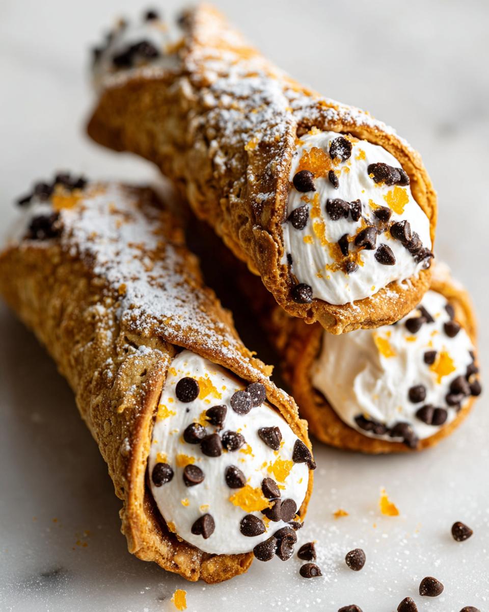 Three crispy Cannoli Cookies filled with sweet cream, mini chocolate chips, and orange zest, dusted with powdered sugar.