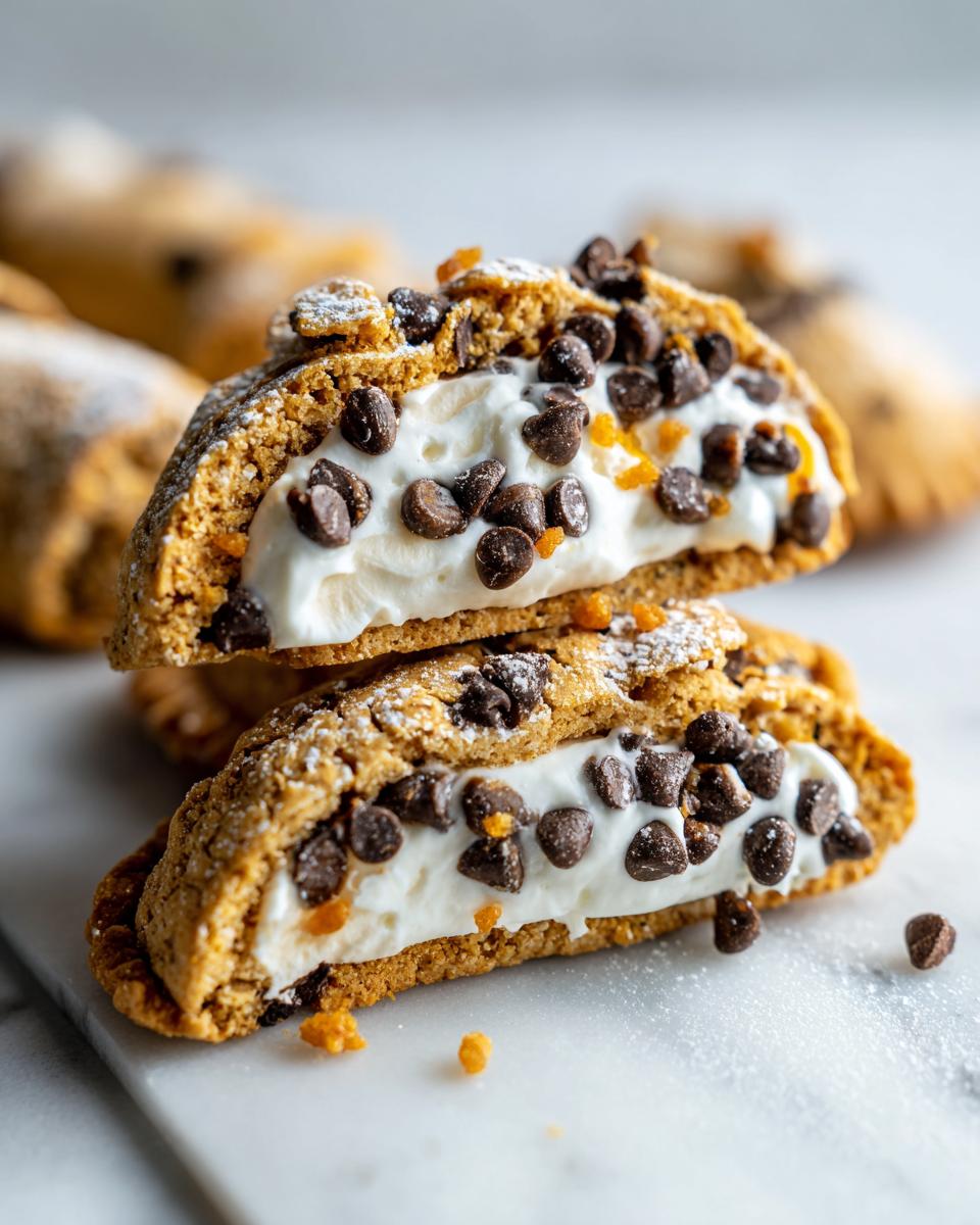 Two halves of a Cannoli Cookies sandwich stacked, showing creamy filling, mini chocolate chips, and powdered sugar.