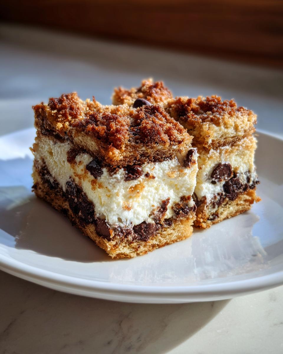 Two squares of rich Cannoli Squares dessert featuring a creamy filling and chocolate chips on a white plate.
