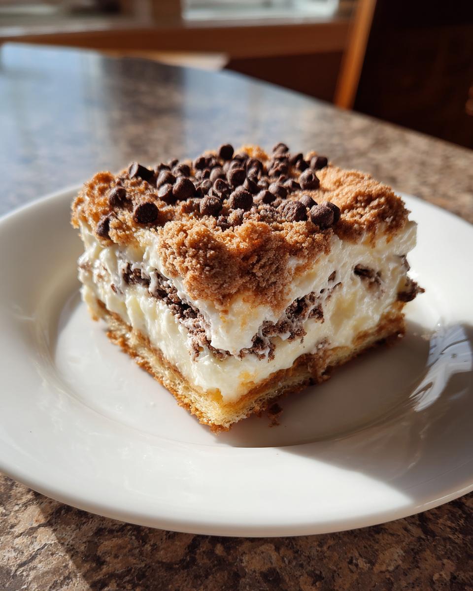A square slice of rich Cannoli Squares dessert with creamy filling and chocolate chips on top.