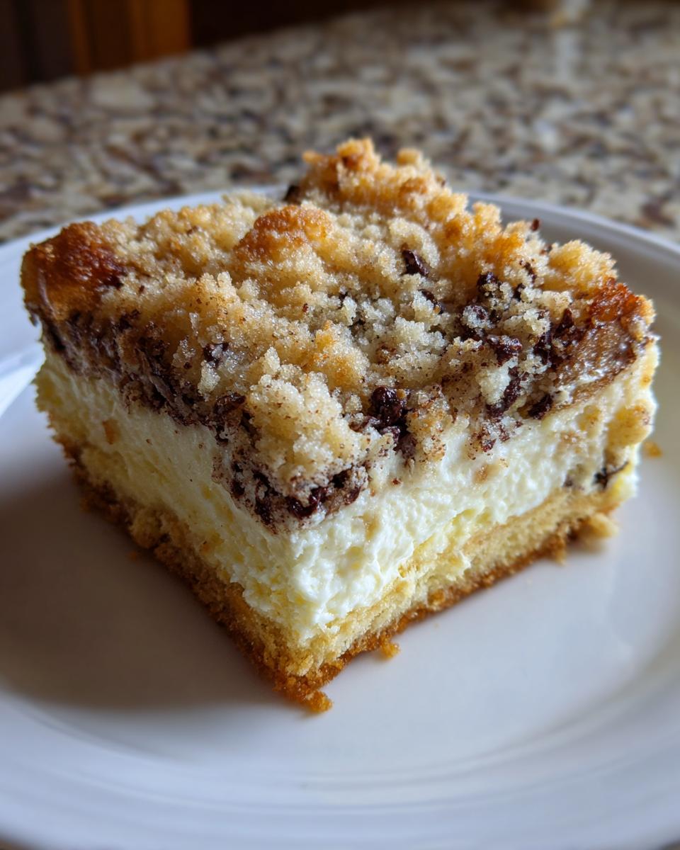 Close-up of a thick slice of Cannoli Squares featuring a creamy filling and a golden, chocolate chip crumb topping.