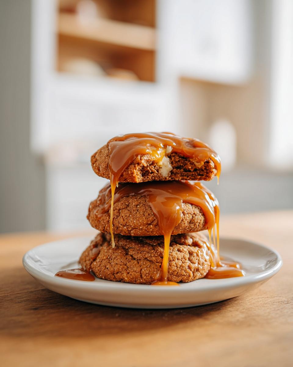 A stack of three soft Caramel Apple Cookies generously topped with dripping caramel sauce.