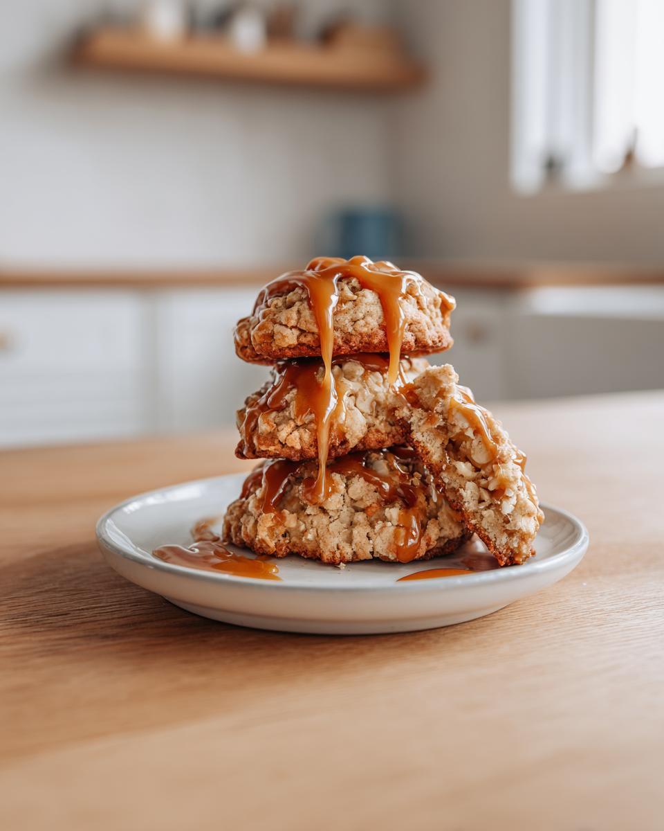 A stack of three Caramel Apple Cookies heavily drizzled with thick caramel sauce on a small plate.